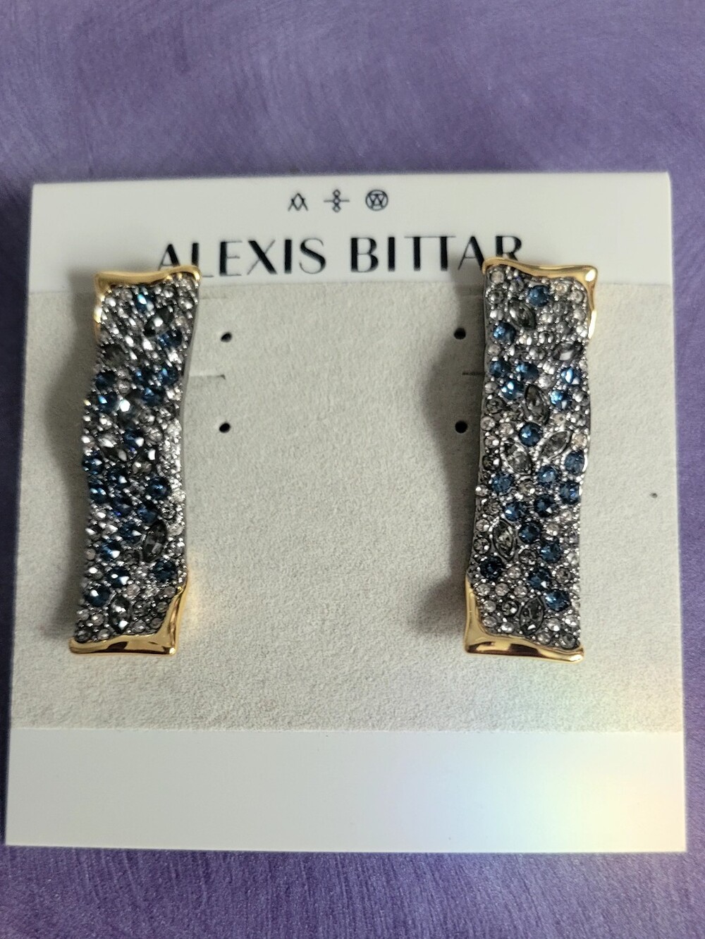 Alexis Bittar Gold-Trim Pavé Earrings with Blue and Silver Crystals